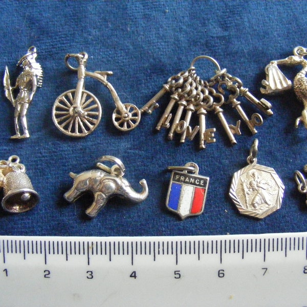 B) Vintage Sterling Silver Charms - Native American, Bike, Stork & Baby, Paris