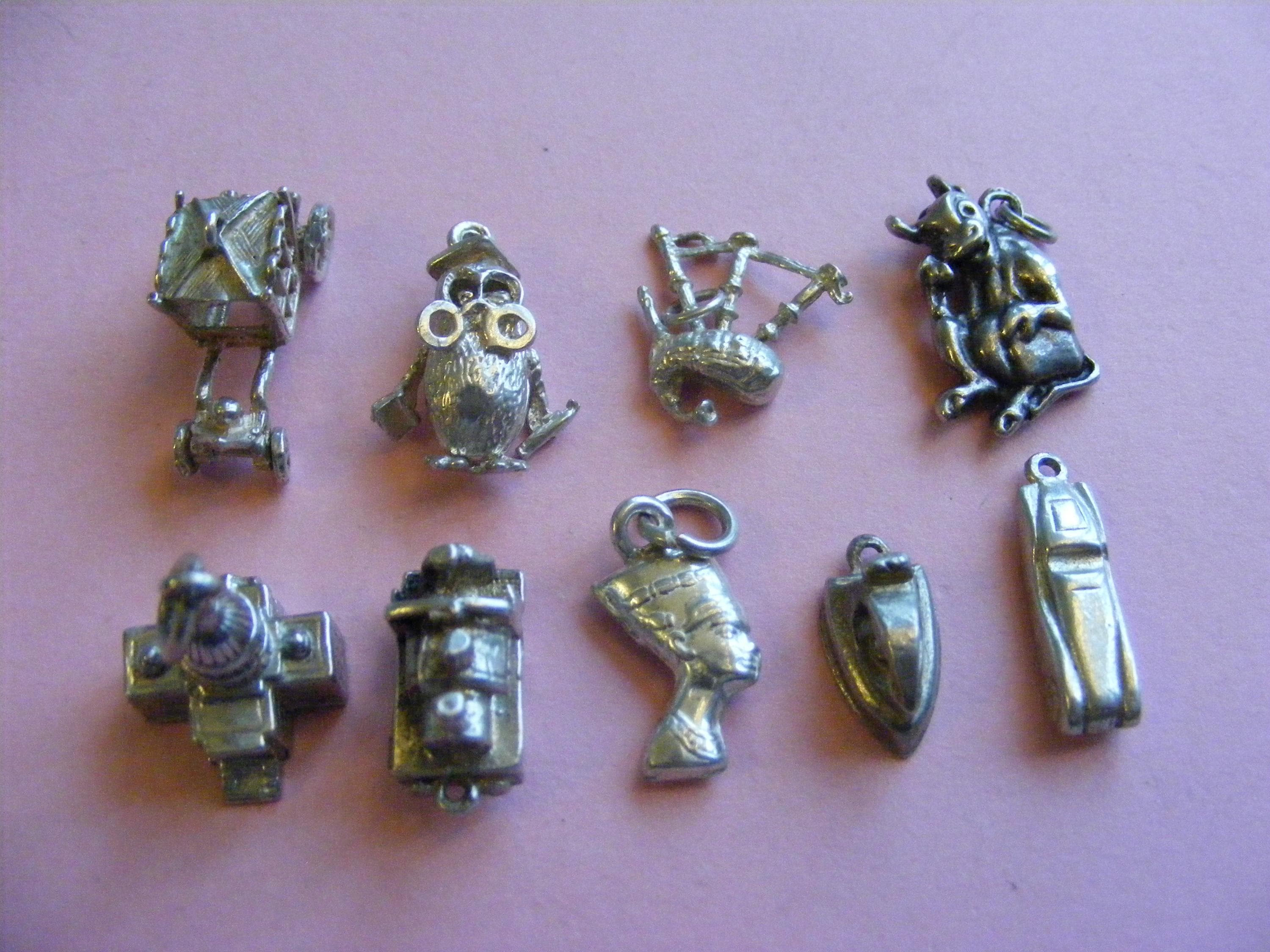 Vintage Sterling Silver Charm, Car, Owl, Bagpipes, Cow (S)