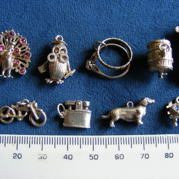 B) Vintage Sterling Silver Charm Owl, Rings, Barrel opens, Grandfather clock opens, Bike,  Bench