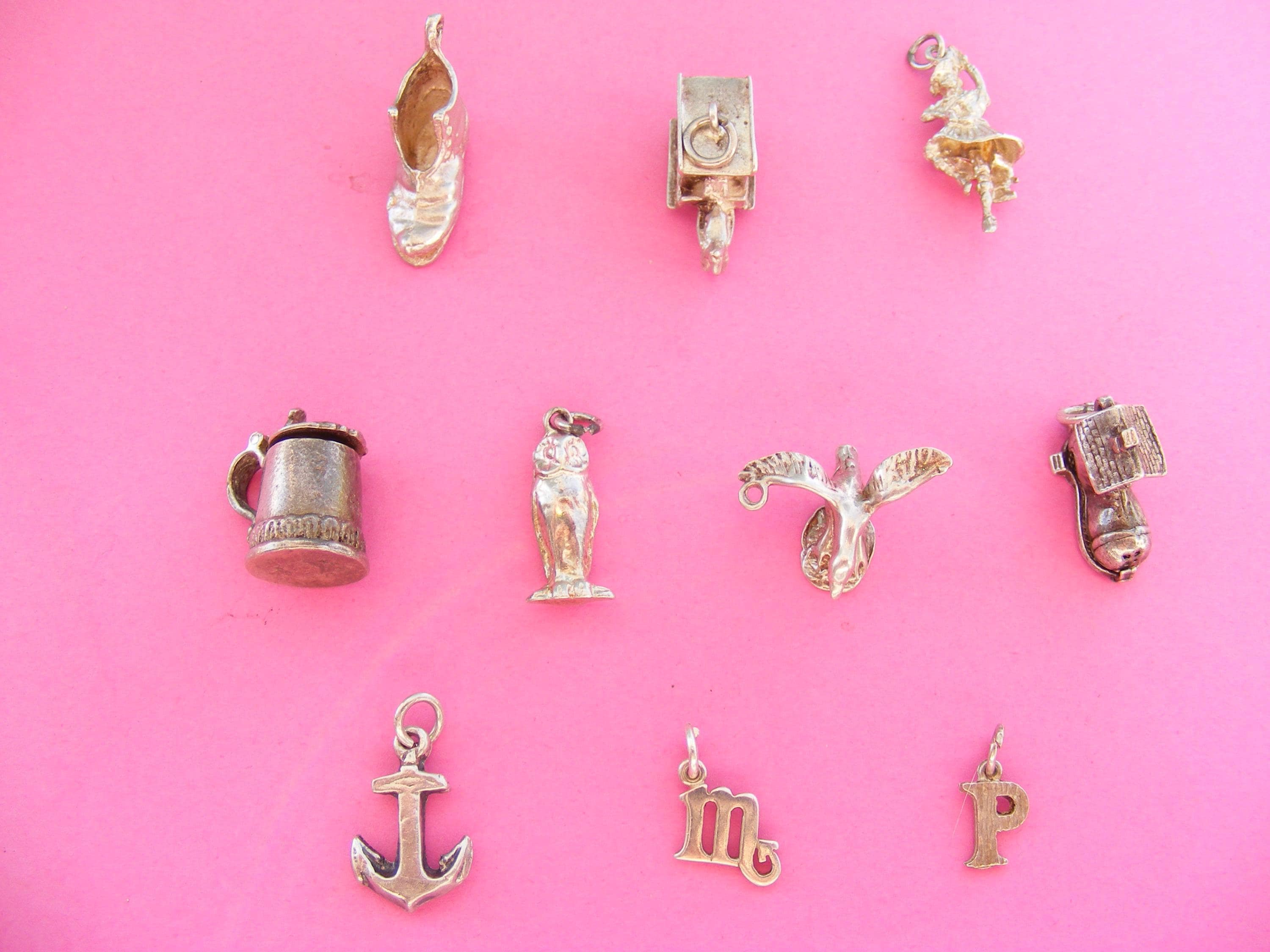 Vintage Sterling Silver Charms: Boot Owl Seagull M P Tankard Carriage (N)