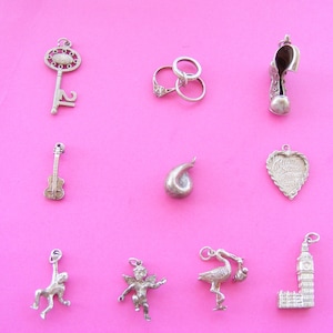 Vintage Sterling Silver Charms: Rings Bells Boot Pump Poodle Handbag Violin Duck  (M)