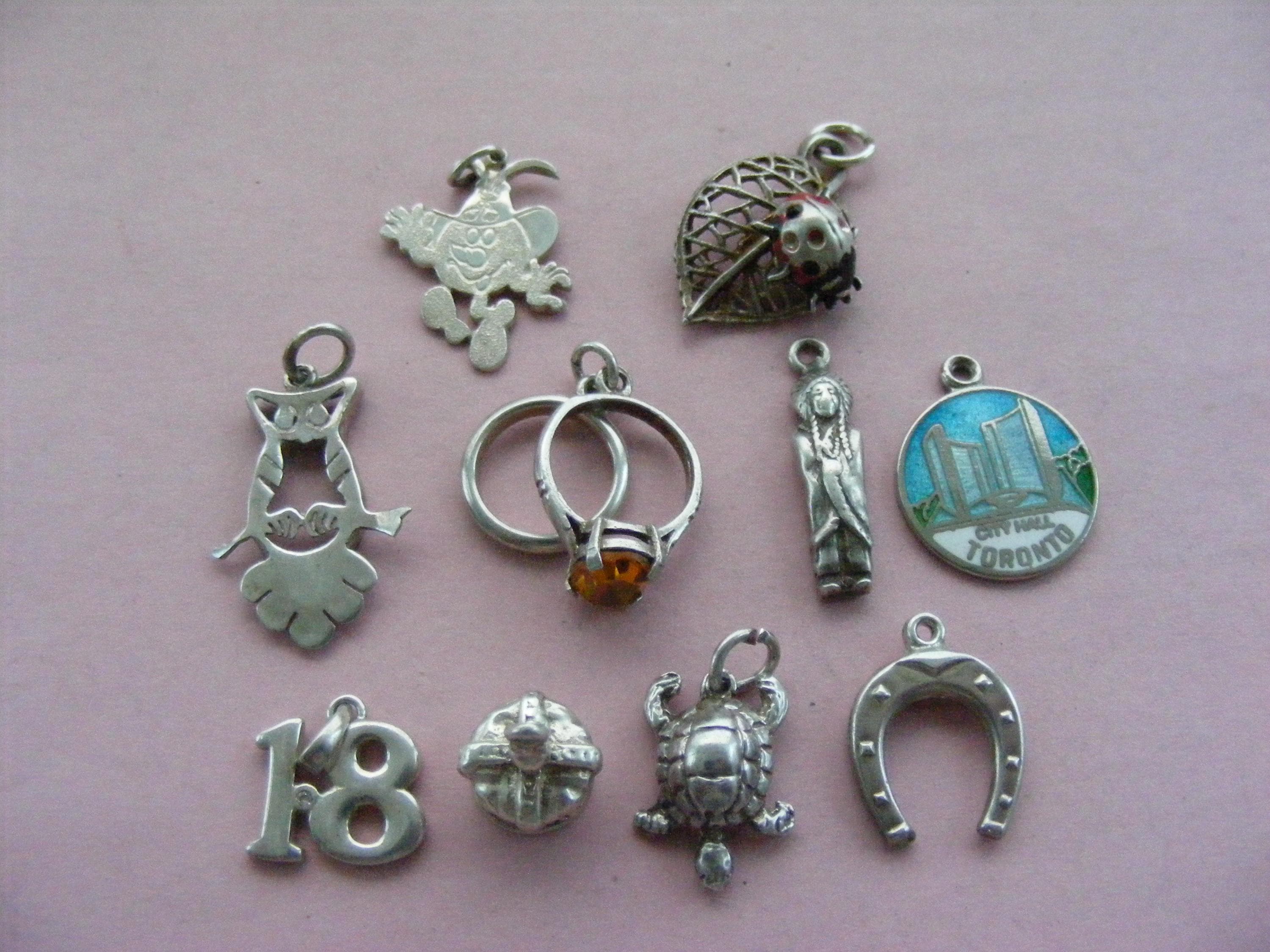 Vintage Sterling Silver Charms: Ladybug, Owl, Rings, Native American (C)