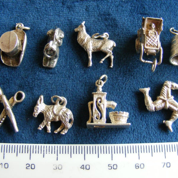 J) Vintage Sterling Silver Charm Top Hat, Sphinx, Stag, Pram and Baby, Thimble, Pinking Sheers, Donkey, Water Pump, Isle of Man