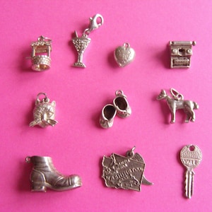May include: A collection of silver-toned charms, including a well, a cocktail glass, a heart, a cash register, a cat's head, ballet slippers, a donkey, a boot, a map, and a key, arranged on a pink background.