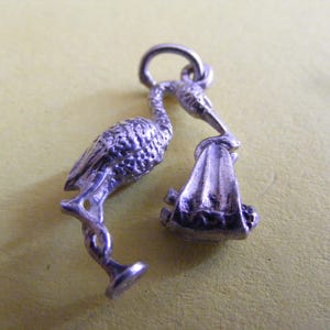 Vintage Sterling Silver Charm Stork & moving baby charms pendant 925 (G)