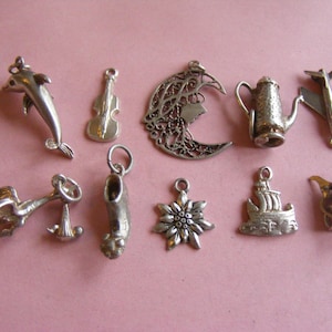 Vintage Sterling Silver Charm, Stork, Dolphin, Violin, Boot airplane (K)