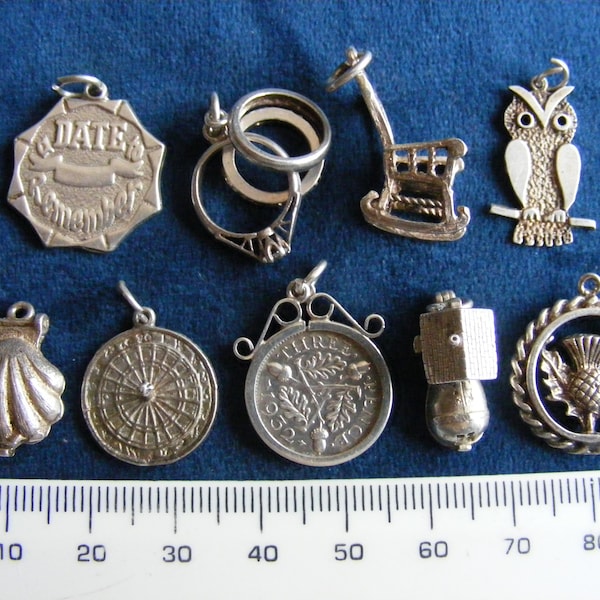 E) Vintage Sterling Silver Charms Date to Remember, Dart Board, Boot opens