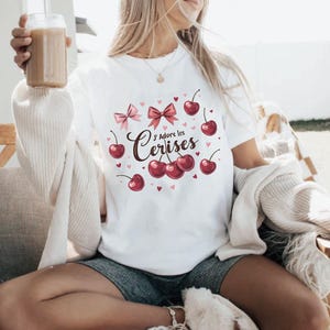 Cherry Coquette TShirt Hearts Cherries J’Adore Shirt French Cute T-Shirt Girly Gift Soft Cotton Summer Top Red Bows Gift Birthday Bestie