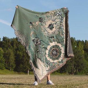 Groene Botanische Geweven Deken Jacquard Katoen Gooi Wandtapijt Gedroogde Bloemen Bed Accent Bloemen Cottagecore Sofa Gooi Boho Home Decor Gift