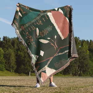 Boho Woven Blanket, Rustic Tribal Design, Forest Green Geometric Patterns, Eclectic Home Decor, Cozy Blanket, Housewarming Gift, Cabin Throw