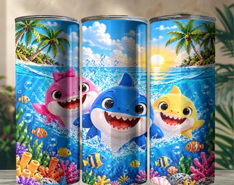 Boy Shark Baby Tumbler Wrap PNG, Cute Shark Ocean Design, Baby Boy Sublimation, 20oz Straight Tumbler, Digital Downloads