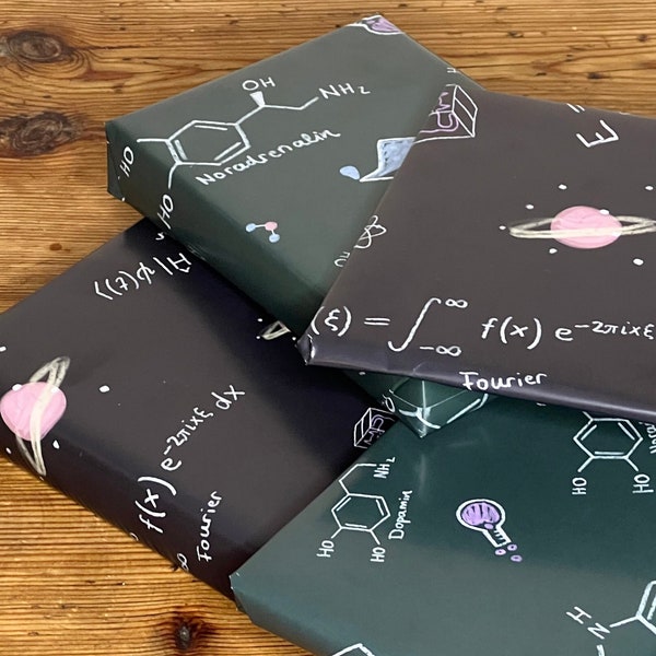 5x Geschenkpapier doppelseitig NERDS Big Bang Physik Chemie Formeln Kreide Tafel Geschenk Mann Lehrer Weihnachten Geburtstag Mathe Abschied