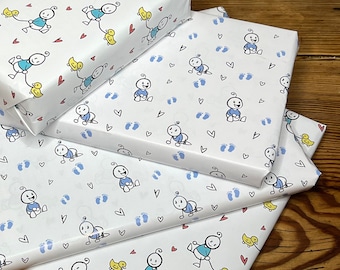 Wrapping paper double-sided BABY boy and neutral with ducklings - birth baptism birthday storage blue turquoise 5x sheets 42 x 59 cm