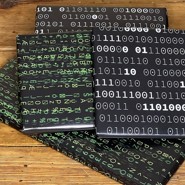 5x double-sided wrapping paper NERDS MATRIX binary code IT nerdy - Christmas Birthday 42 x 59 cm folded set including adhesive storage