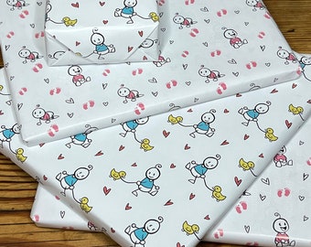 Set van 5 dubbelzijdige cadeaupapiertjes voor een babymeisje, neutraal ontwerp met eendjes, cadeau voor doop of verjaardag, inclusief vel met 30 zelfklevende stippen en een opbergdoosje.