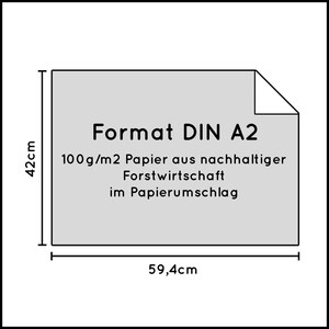 以下が含まれることがあります： DIN A2 形式の紙の図解で、サイズは 59.4 cm &times; 42 cm です。紙は 100g/m2 で、持続可能な森林管理から作られています。紙には「Format DIN A2 100g/m2 Papier aus nachhaltiger Forstwirtschaft im Papierumschlag」というテキストが印刷されています。