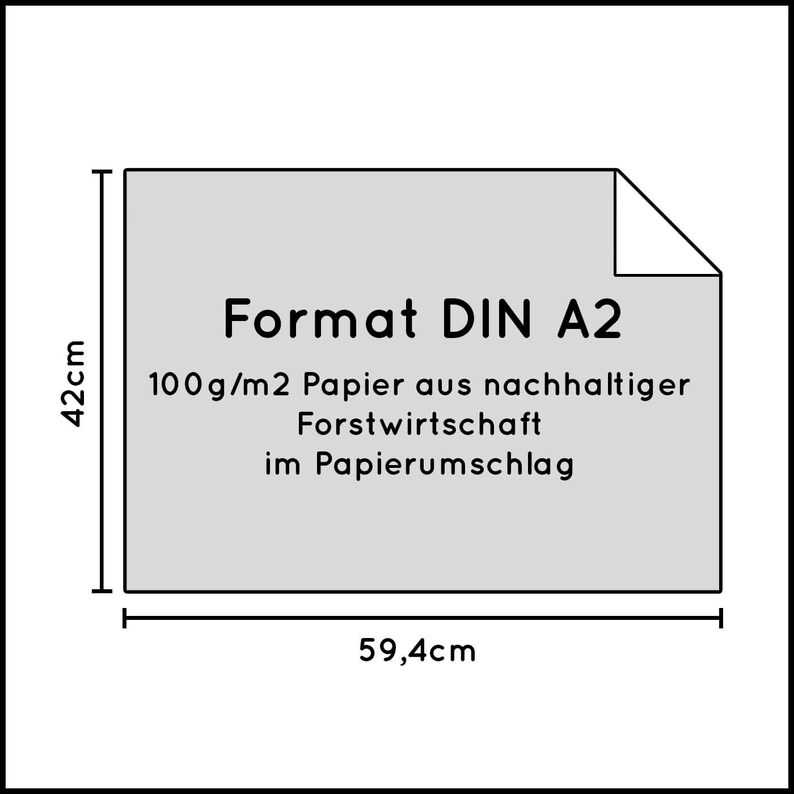 以下が含まれることがあります： DIN A2 形式の紙の図解で、サイズは 59.4 cm &times; 42 cm です。紙は 100g/m2 で、持続可能な森林管理から作られています。紙には「Format DIN A2 100g/m2 Papier aus nachhaltiger Forstwirtschaft im Papierumschlag」というテキストが印刷されています。