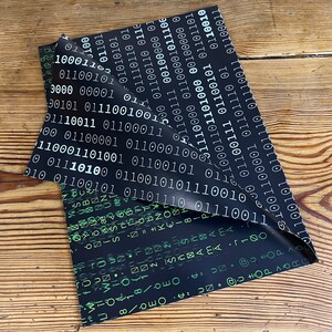 以下が含まれることがあります： 白いバイナリコードの繰り返しパターンが施された黒い包装紙。紙が折り畳まれ、緑と黒のパターンがさまざまな記号と文字で明らかになっている。