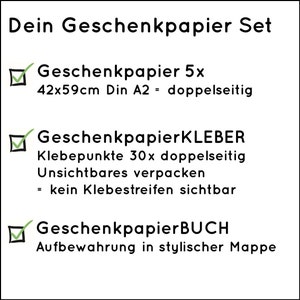 以下が含まれることがあります： 42x59cm（Din A2）サイズの両面包装紙5枚、目に見えない包装のための両面粘着ドット30個、包装紙の収納用ブックのセットです。