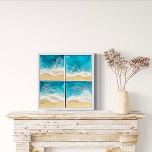 Set de 4 cuadros de resina de playa, Cuadro 20x20 cm, arte de olas en resina, Arte de océano en resina 3D, Regalo pintura decoración costera