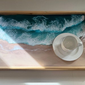 Wooden tray with painted beach, Serving tray with handles and folding legs, Epoxy resin art, Oceanic themed gift, Oceanic decoration gift zdjęcie 2