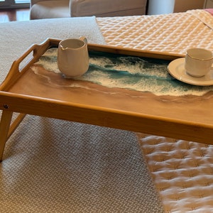 Wooden tray with painted beach, Serving tray with handles and folding legs, Epoxy resin art, Oceanic themed gift, Oceanic decoration gift zdjęcie 3
