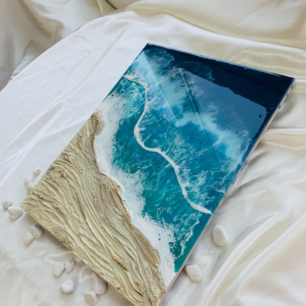 Peinture d'art en résine et plâtre, Peinture de plage abstraite, Décoration de plage, Peinture 3D, Peinture sur mesure, Cadeau pour amoureux de la mer, Epoxy vague