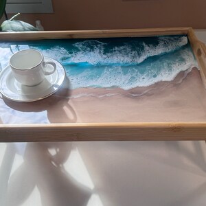 Wooden tray with painted beach, Serving tray with handles and folding legs, Epoxy resin art, Oceanic themed gift, Oceanic decoration gift zdjęcie 1