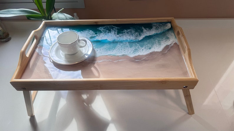 Wooden tray with painted beach, Serving tray with handles and folding legs, Epoxy resin art, Oceanic themed gift, Oceanic decoration gift zdjęcie 1