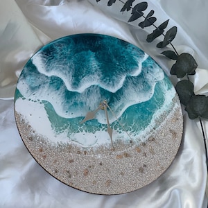 Colck resin, Clock beach art, Round wall clock, 30 cm hanging clock, Epoxy resin clock with waves, Functional art, Beach art with real sand