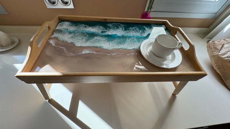 Wooden tray with painted beach, Serving tray with handles and folding legs, Epoxy resin art, Oceanic themed gift, Oceanic decoration gift zdjęcie 10