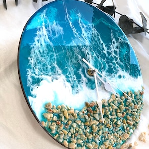 Horloge artistique en résine océan, horloge d'art fluide, résine 3D, dimension personnalisée, horloge vagues de la mer, amoureux de l'océan, décoration côtière, décoration murale en résine, art de la plage
