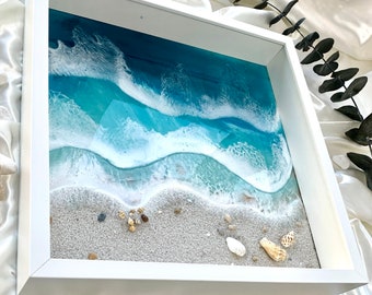 Ocean resin art | Framed ocean painting | Resin beach art | Fluid art ocean | Beach painting | Bath decor for wall | Coastal wall art |