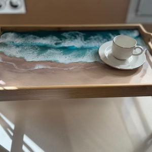Wooden tray with painted beach, Serving tray with handles and folding legs, Epoxy resin art, Oceanic themed gift, Oceanic decoration gift zdjęcie 5