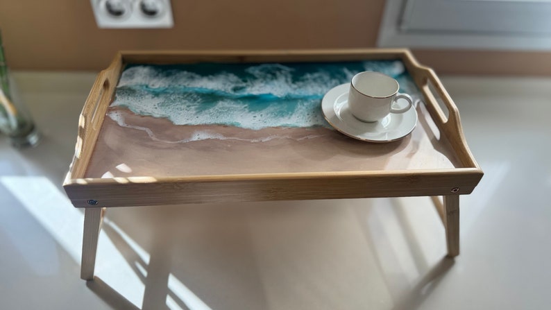 Wooden tray with painted beach, Serving tray with handles and folding legs, Epoxy resin art, Oceanic themed gift, Oceanic decoration gift zdjęcie 5