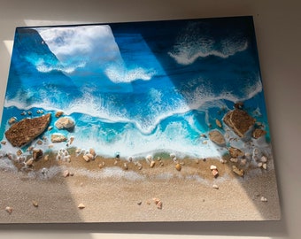 Peinture personnalisée | Peinture vague 3D | Art océanique en résine | Peintures fluides | Paysage marin avec du sable | Peintures de plage et de requins, Art réaliste