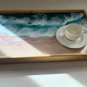 Wooden tray with painted beach, Serving tray with handles and folding legs, Epoxy resin art, Oceanic themed gift, Oceanic decoration gift zdjęcie 7