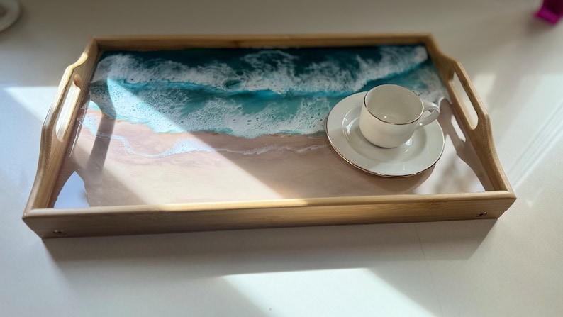 Wooden tray with painted beach, Serving tray with handles and folding legs, Epoxy resin art, Oceanic themed gift, Oceanic decoration gift zdjęcie 7
