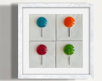 Pop-art lolly harssculptuur, ingelijst 3D modern schilderij, set van 4