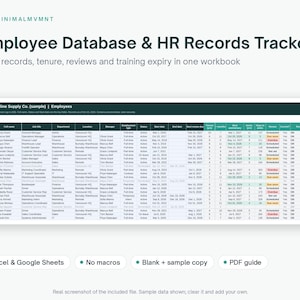 May include: A digital Employee Database & HR Records Tracker spreadsheet template by MINIMALMVMNT. The interface displays columns for employee ID, name, job title, department, location, manager, employment type, status, and review dates.