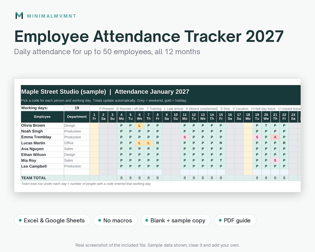 2027 Employee Attendance Tracker, Excel/google Sheets Template, Absence ...