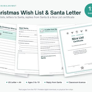May include: A set of 12 printable Christmas stationery sheets including a My Christmas Wish List, a Dear Santa letter template, a reply from Santa, and an official Nice List Certificate with star and gift icons in black and teal.