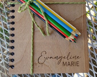Personalized Engraved Wood Cover Sketch Book with Colored Pencils Gift Set