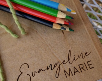 Personalized Engraved Wood Cover Sketch Book with Colored Pencils Gift Set