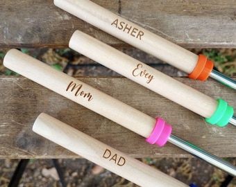 Personalized S'more Sticks Marshmallow Roasting Sticks, Personalized Wooden Handle Telescoping Fork, hot dog roasting stick, campfire stick