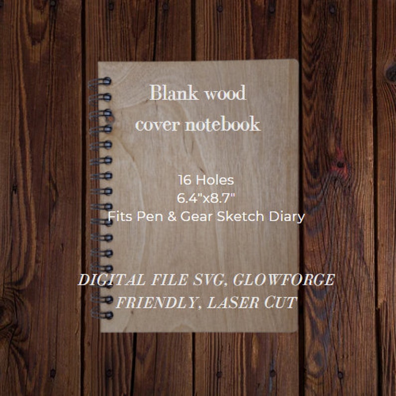 Puede incluir: Un archivo digital para una libreta de tapa de madera en blanco. La libreta mide 16,3 cm por 22,1 cm y tiene 16 agujeros. El archivo es compatible con Glowforge y se puede cortar con l&aacute;ser. El texto "Blank wood cover notebook" est&aacute; impreso en la portada de la libreta.
