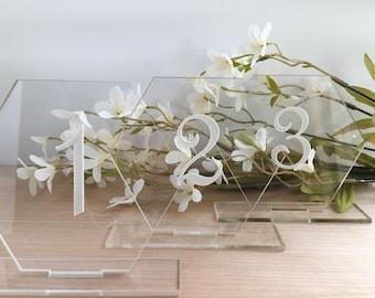 Clear acrylic engraved table numbers - wedding reception - event decor