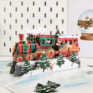 Trem a vapor do Papai Noel de Natal - Cartão de felicitações 3D pop-up, presente de Natal feito à mão, cartão de Natal, Santa Express