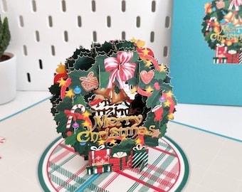 Christmas Wreath - Merry Christmas Pop Up 3D Greeting Card, Handmade Christmas Gift, Xmas Holiday Card