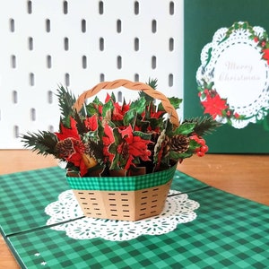 Cesta de Poinsétia - Cartão de Feliz Natal Pop Up 3D, Cartão de Natal, Flores de Natal, Ocasião Especial, Ideia de Presente de Poinsétia